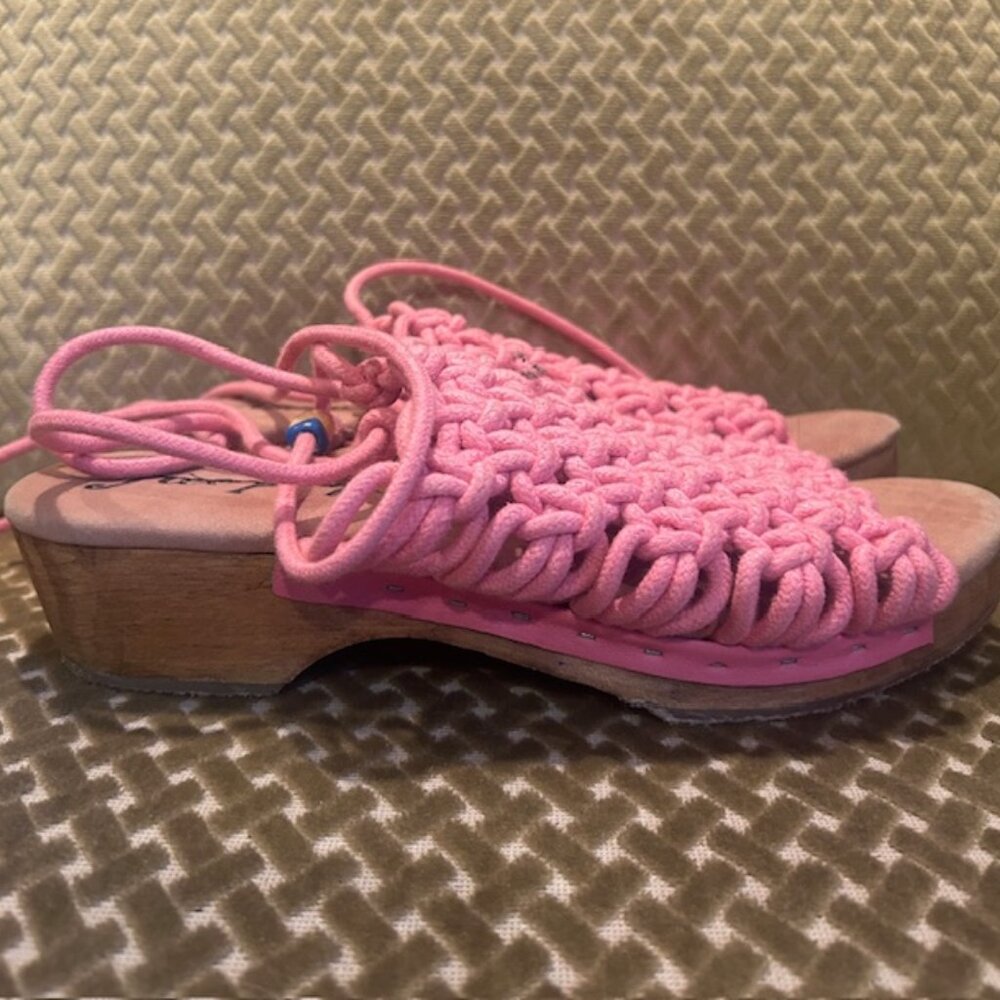 Free People Candy Pink Crochet Lace Up Wooden Heel Clogs NEW - Picture 5 of 16
